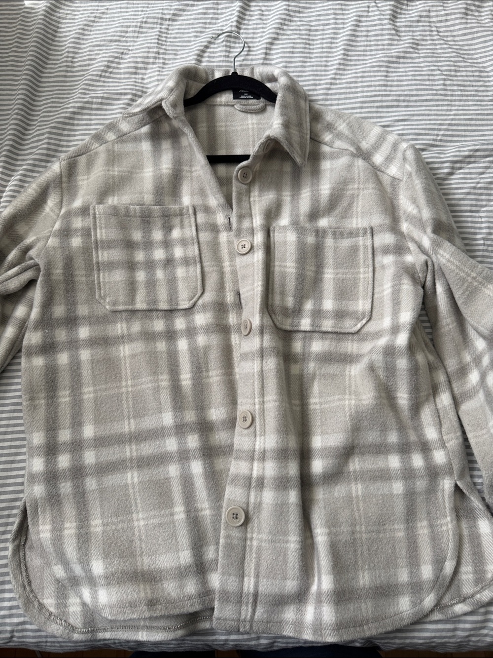 Plaid Button-Up Shacket in Light Gray and Cream